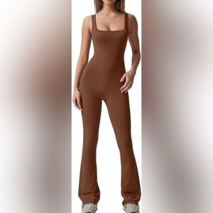 QINSEN Flare Leg Jumpsuit Bodycon Sleeveless Square Neck Stretch Romper Brown S